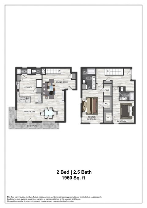 A floor plan of a 2 bedroom, 2.5 bath 1960 sq. ft house.